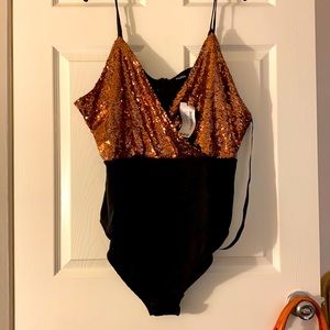 Plus wrap sequin bodysuit bronze